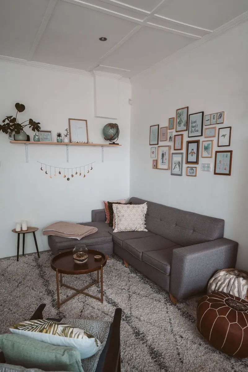 Grey corner and modular sofa in a cosy living room